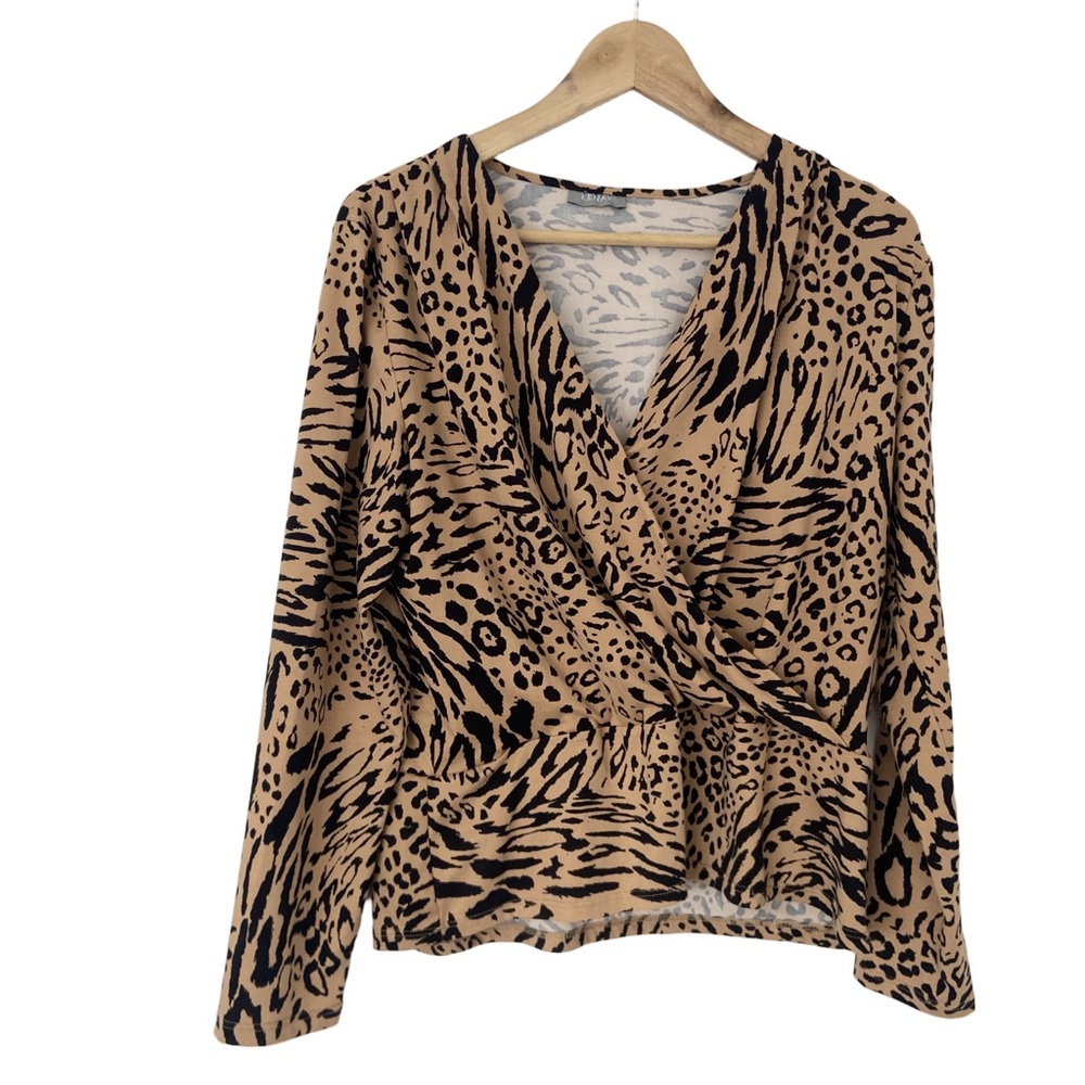 KENAR BLACK BEIGE LEOPARD PRINT WRAP STYLE SURPLICE JERSEY KNIT TOP/BLOUSE, LRG